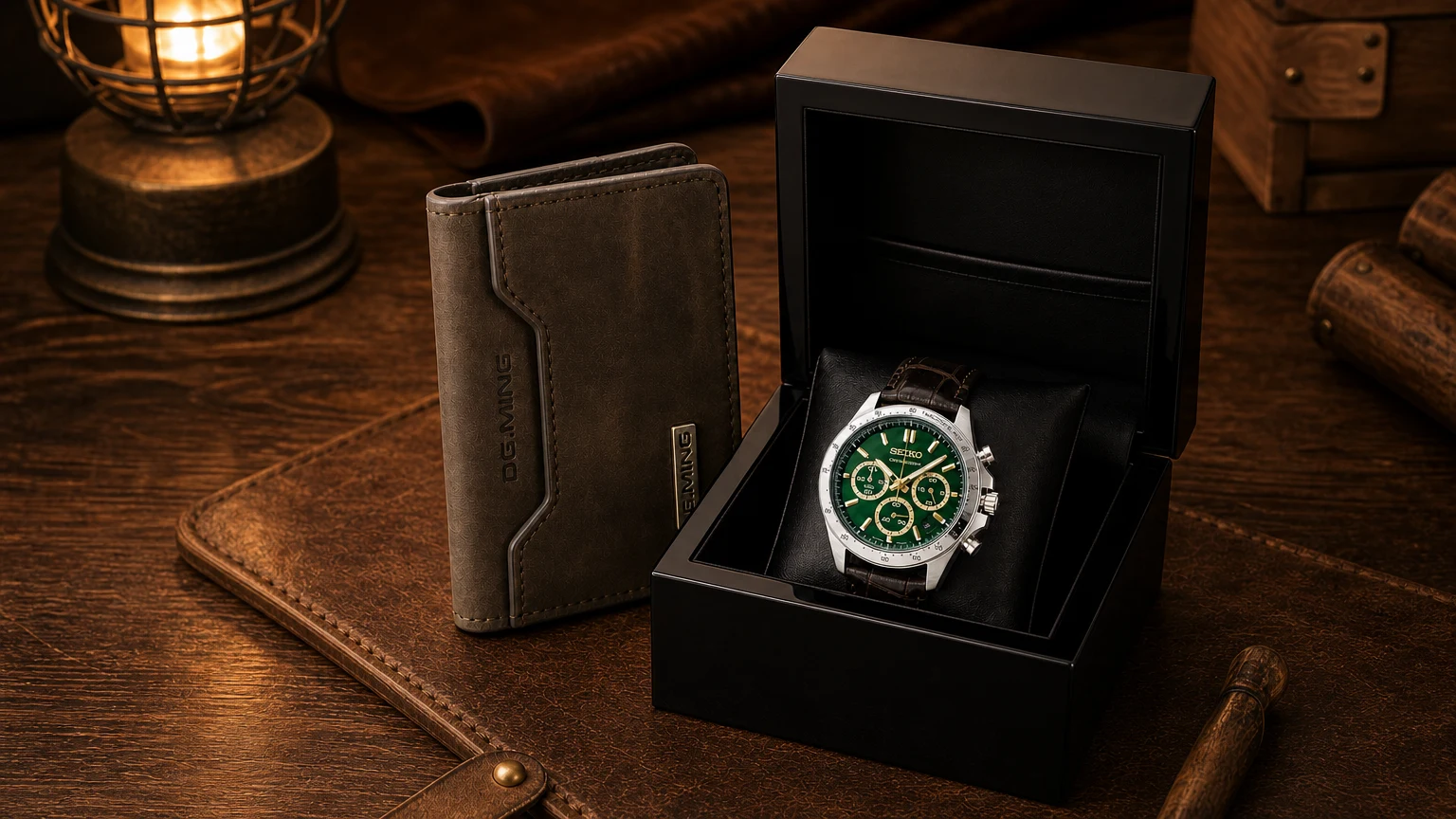 Kit Exclusivo Seiko Chronograph + Carteira DG.MING + Caixa Premium