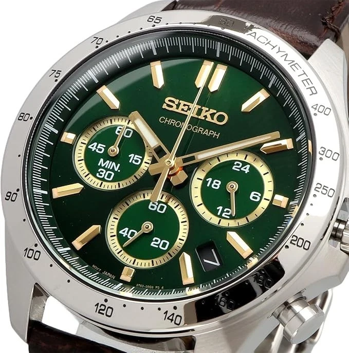 Mostrador verde Seiko Chronograph — close-up